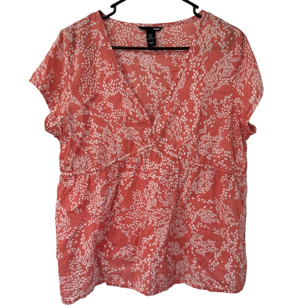 H&M Coral Red Boho Floral Blouse Women’s Size 16 | 100% Cotton Lightweight Top
